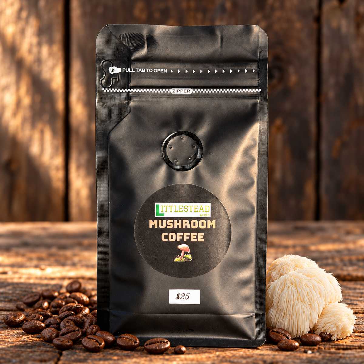Lions Mane Mushroom Coffee with matching ingredient accents on a rustic wood table
