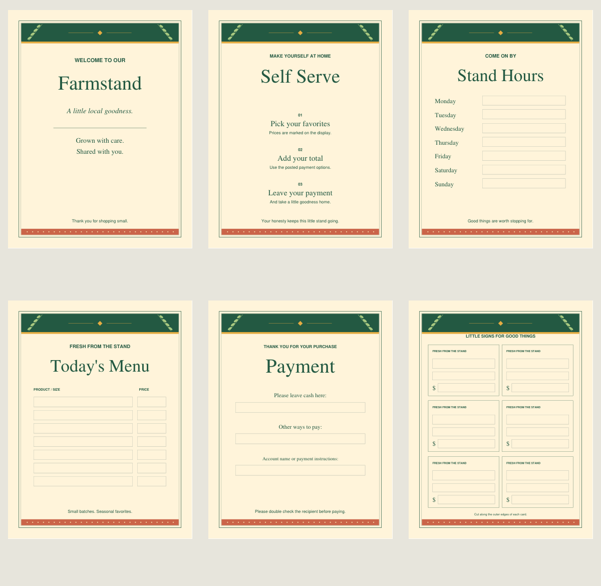 Everyday farmstand sign kit preview with hours, menu, payment and price cards