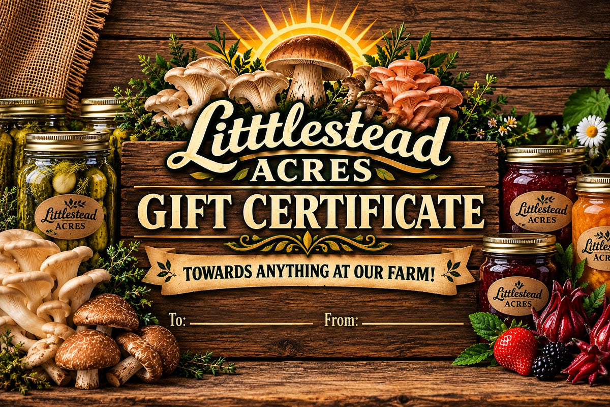Littlestead Acres gift certificate featuring mushrooms, sunshine, pickles, and jams on a rustic wood background