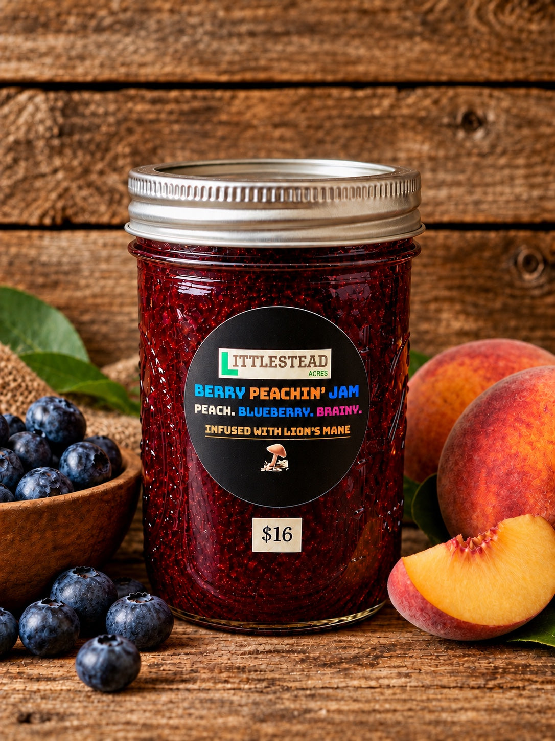 Littlestead Acres Berry Peachin’ peach and blueberry jam infused with Lion’s Mane, on a rustic wood background