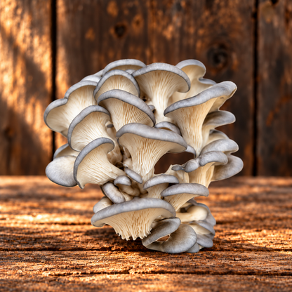 Fresh Blue Oyster mushrooms with natural pale gray caps on rustic wood