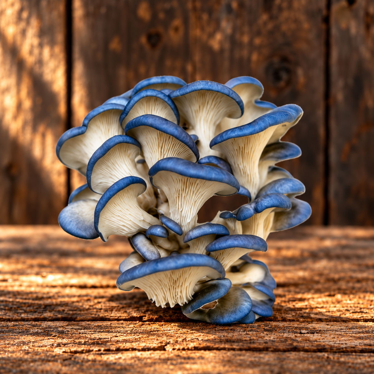 Fresh Blue Oyster mushrooms on rustic wood