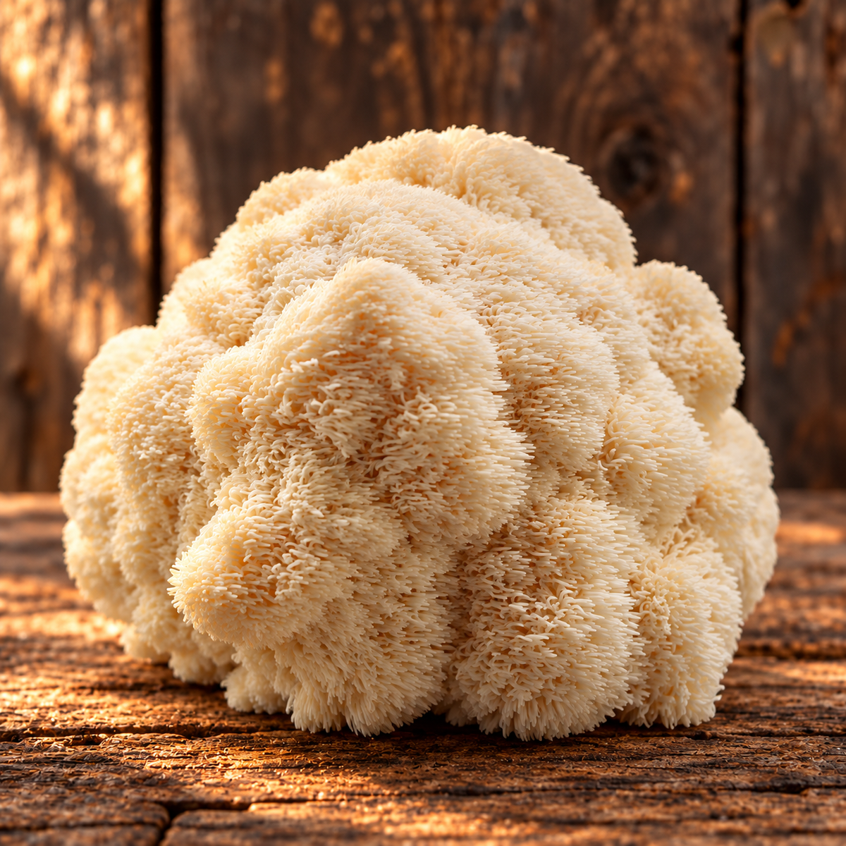 Fresh Lion’s Mane mushrooms on rustic wood