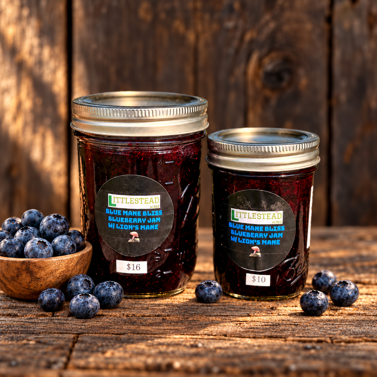 Blue Mane Bliss Blueberry 🫐 Jam Infused with Lion’s Mane with matching ingredient accents on a rustic wood table