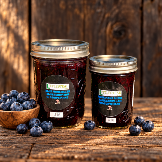 Blue Mane Bliss Blueberry 🫐 Jam Infused with Lion’s Mane with matching ingredient accents on a rustic wood table