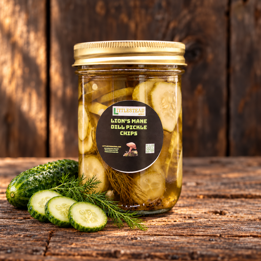 Pickles, Lion’s Mane Dill Chips with matching ingredient accents on a rustic wood table