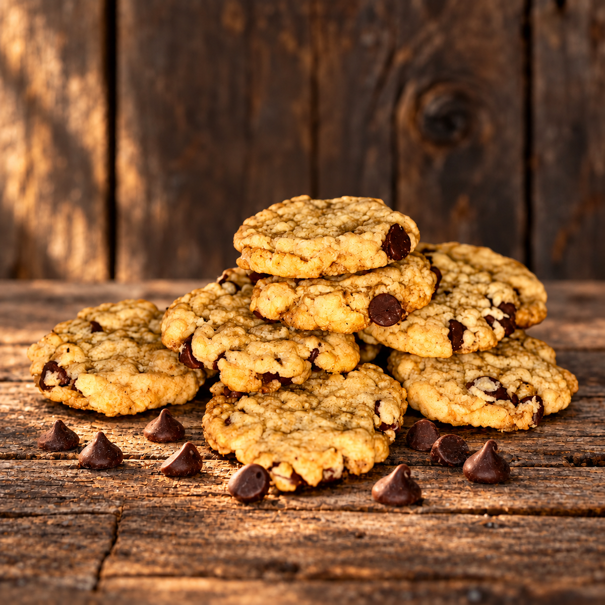 Lion’s Mane Chocolate Chip Cookies with matching ingredient accents on a rustic wood table