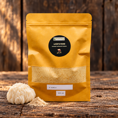 Powder Lions Mane Large with matching ingredient accents on a rustic wood table