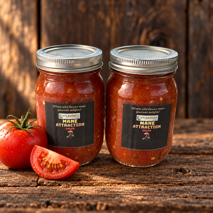 Mane Attraction Salsa with matching ingredient accents on a rustic wood table