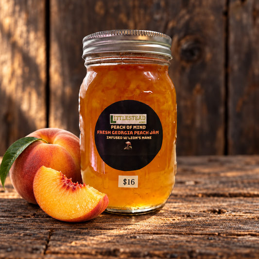 Peach Of Mind Fresh Georgia Peach Jam with matching ingredient accents on a rustic wood table