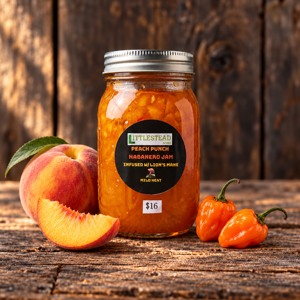 Littlestead Acres Peach Punch Habanero Jam 🍑 with matching ingredient accents on a rustic wood table