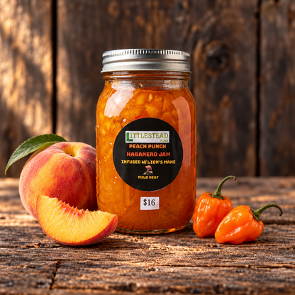 Littlestead Acres Peach Punch Habanero Jam 🍑 with matching ingredient accents on a rustic wood table