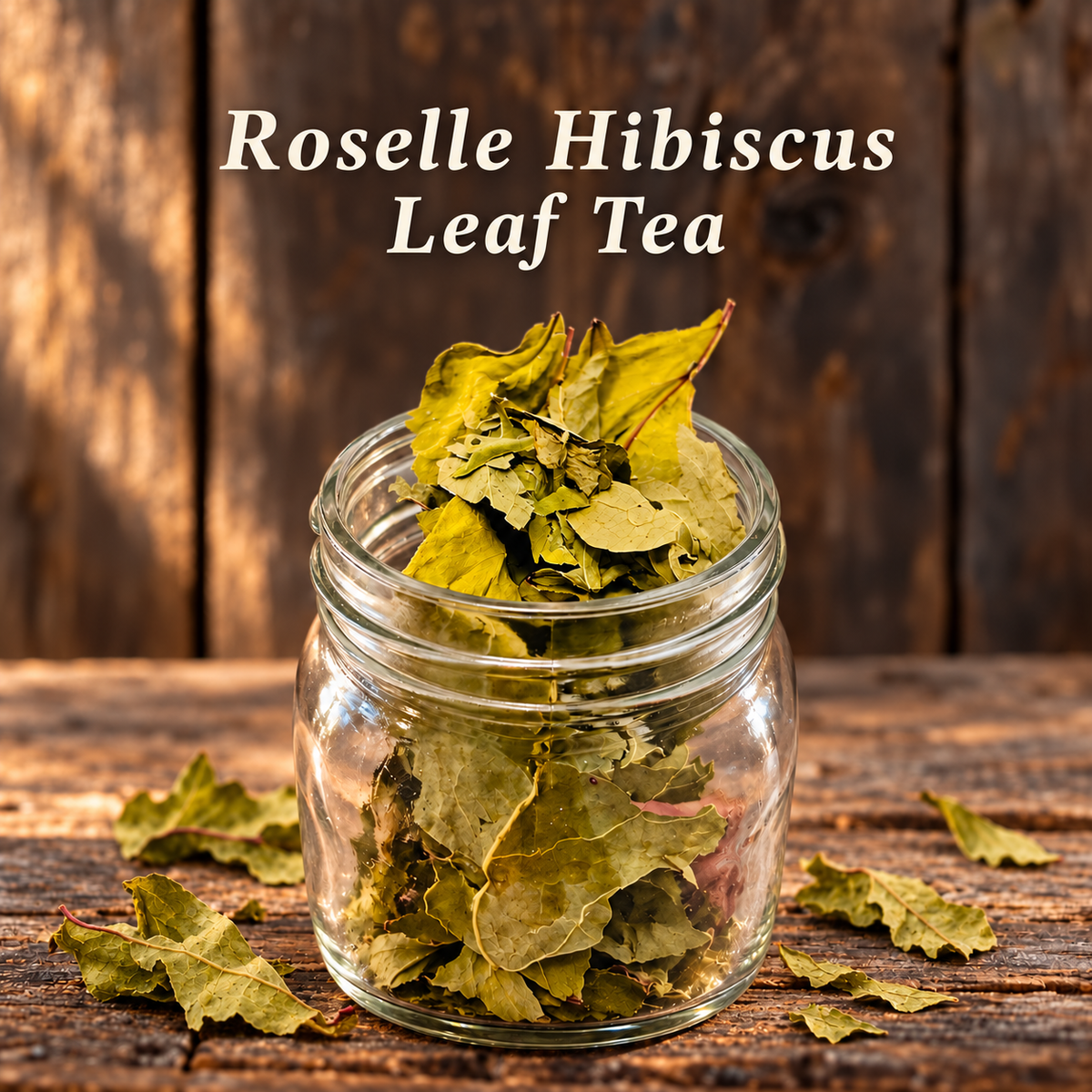 Roselle Hibiscus Leaf Tea with matching ingredient accents on a rustic wood table