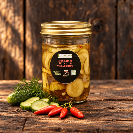 Pickles, Lions Mane spicy Dill Chips with matching ingredient accents on a rustic wood table