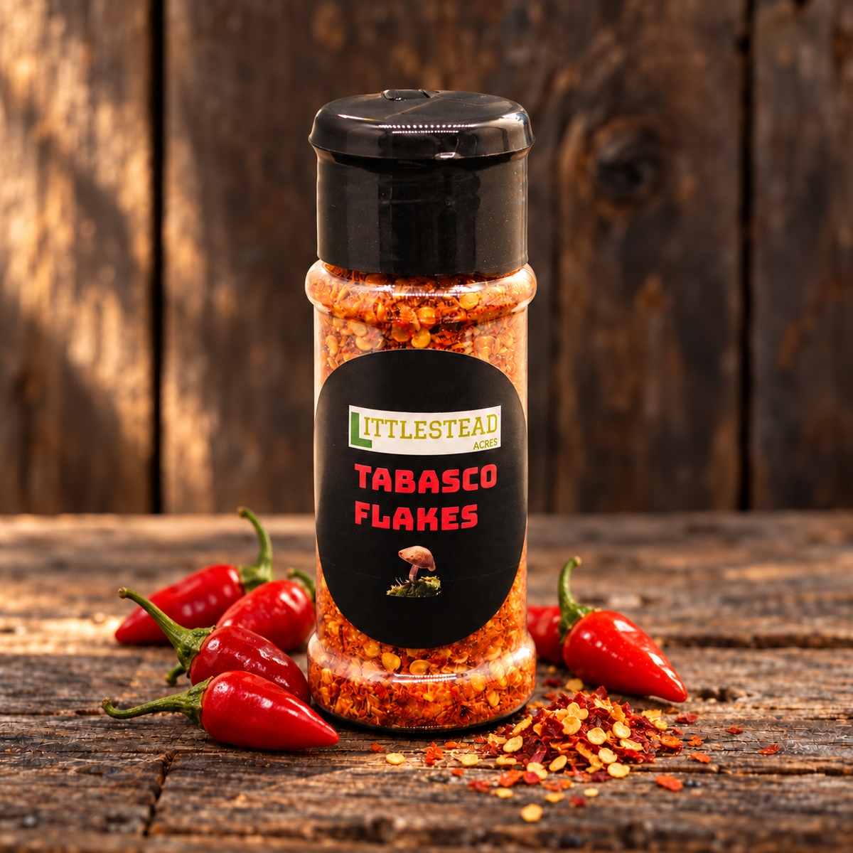 LittleStead Acres Tabasco Pepper Flakes with matching ingredient accents on a rustic wood table