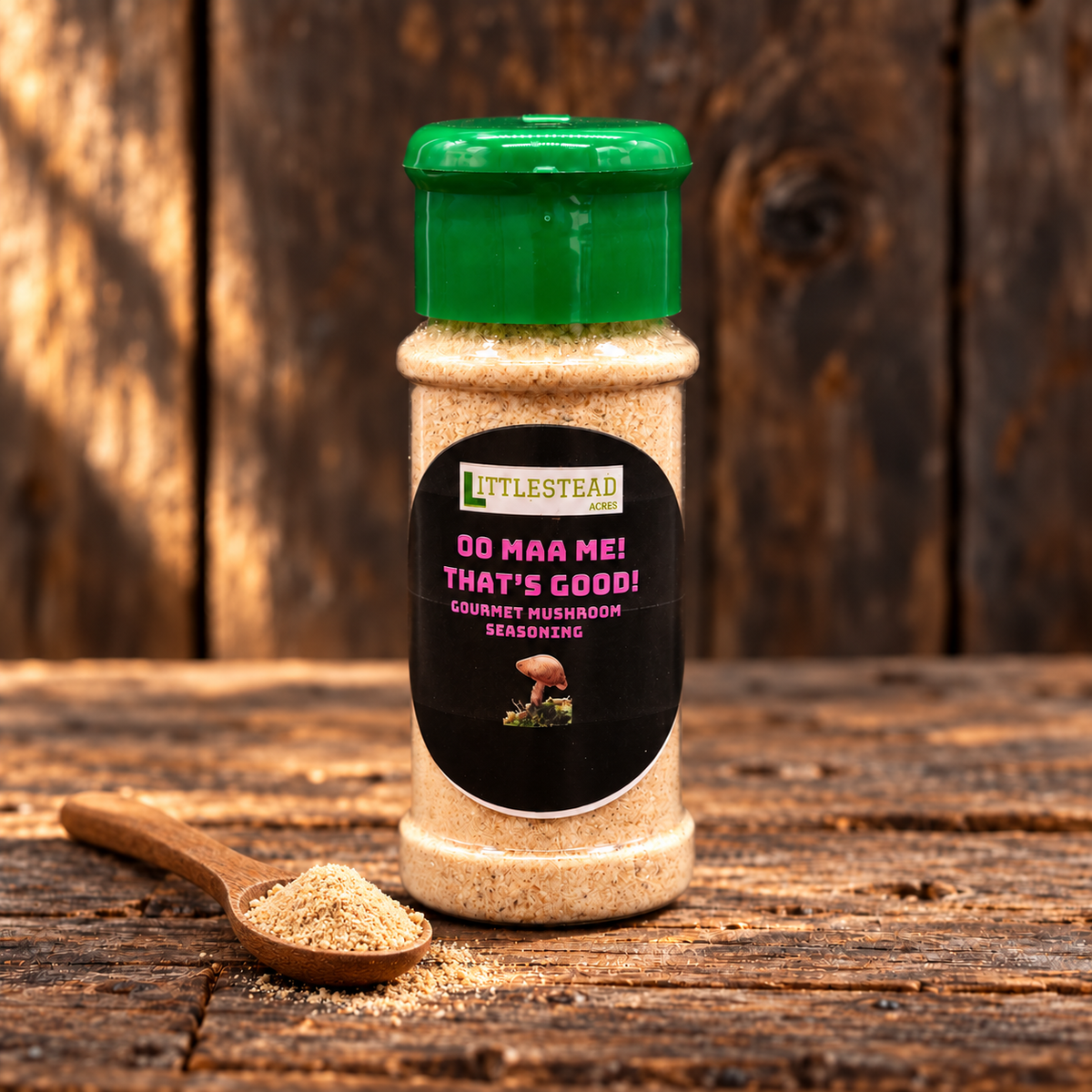 Powder “Oo Maa Me That’s Good” with matching ingredient accents on a rustic wood table
